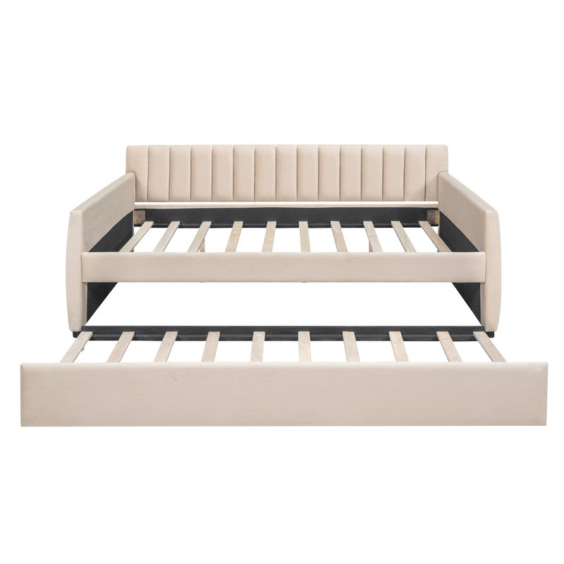 Full Size Upholstered daybed with Trundle and Wood Slat Support Beige