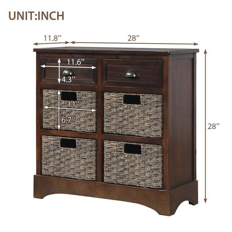 Rustic Storage Cabinet with Two Drawers and Four Classic Rattan Basket