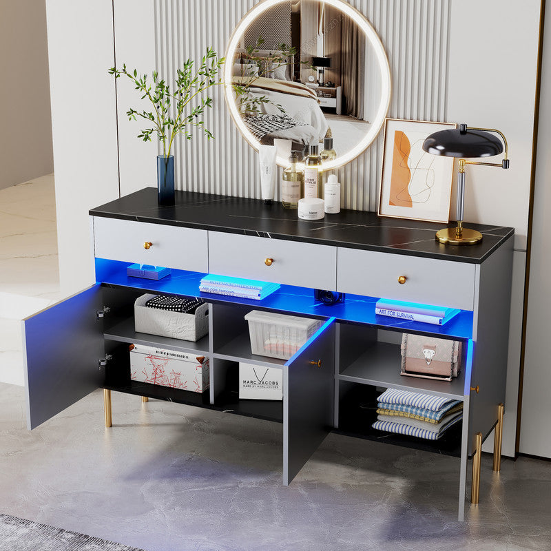 Modern Dresser with LED Lights and Marble Top Panel Storage Cabinet with 3 Drawers and 6 Shleves Gray