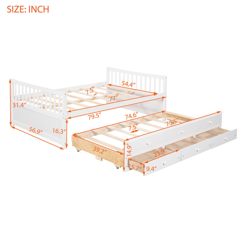 Full Size Daybed with Twin Size Trundle and Drawers White