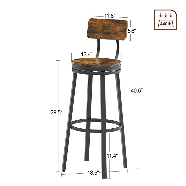 Swivel Bar Stool Set Of 2 With Backrest Industrial Style Metal Frame