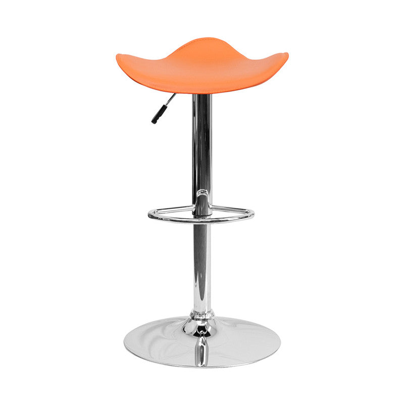 Contemporary Orange Vinyl Adjustable Height Bar Stool With Chrome Base