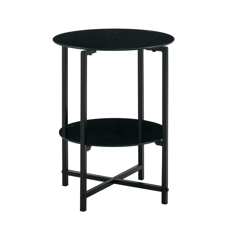 2- layer Tempered Glass End Table Round Coffee Table Black