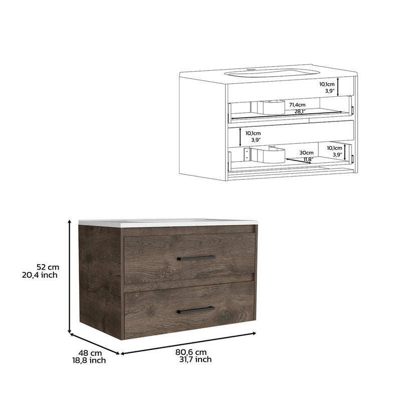 Floating Vanity Bathroom with 2-Drawers Dark Brown