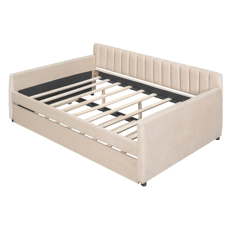 Full Size Upholstered daybed with Trundle and Wood Slat Support Beige