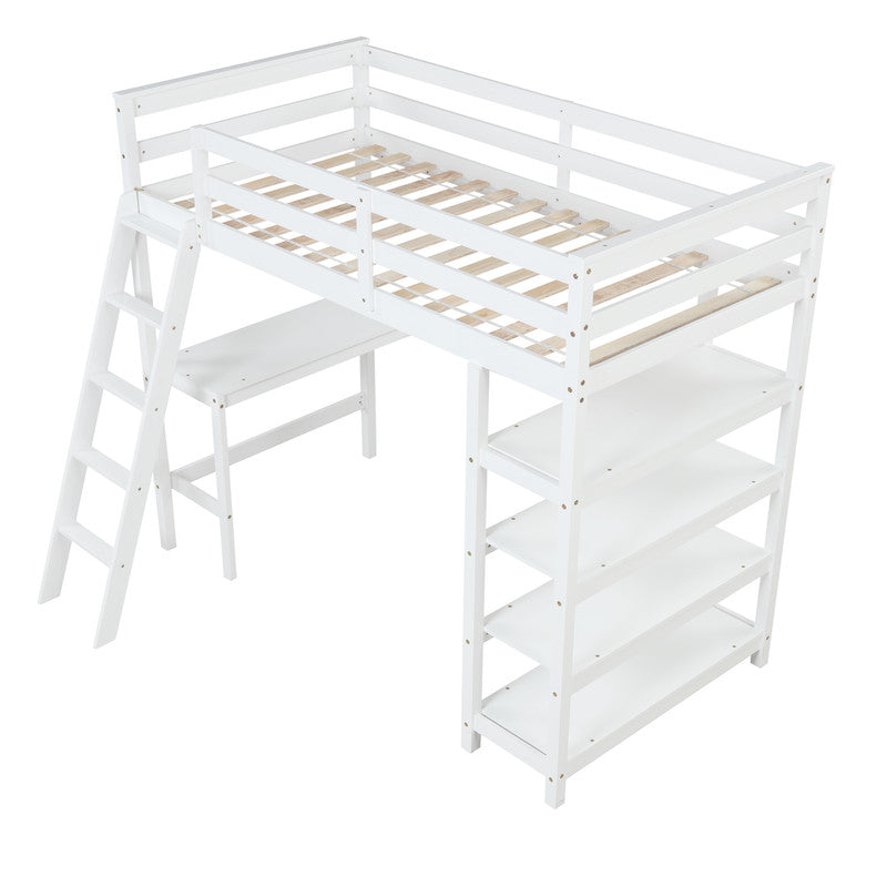 Twin Loft Bed with desk ladder shelves for Kids and Students White