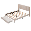 Queen Size Storage Bed Velvet Upholstered Platform Bed with a Big Drawer Beige