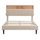 Full size Upholstered Platform Bed with Storage Headboard and USB Port Beige