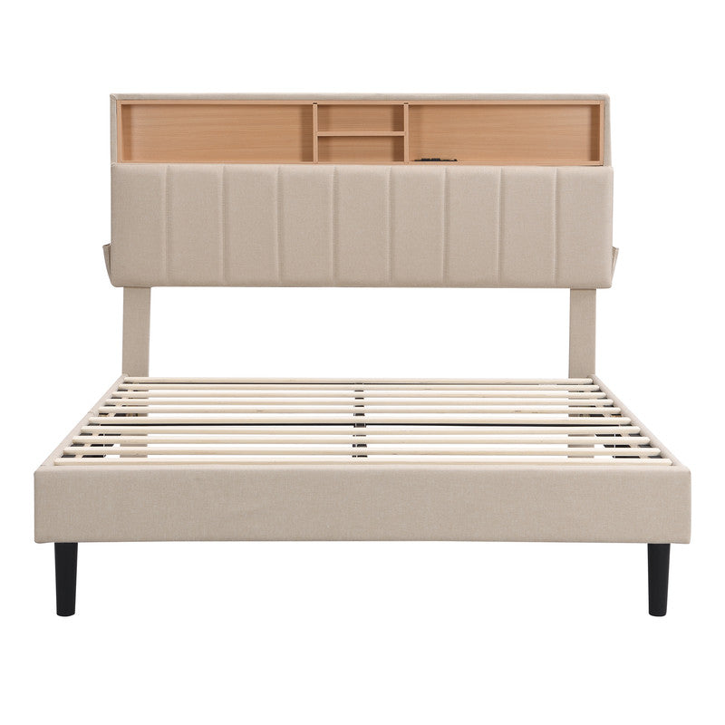 Full size Upholstered Platform Bed with Storage Headboard and USB Port Beige