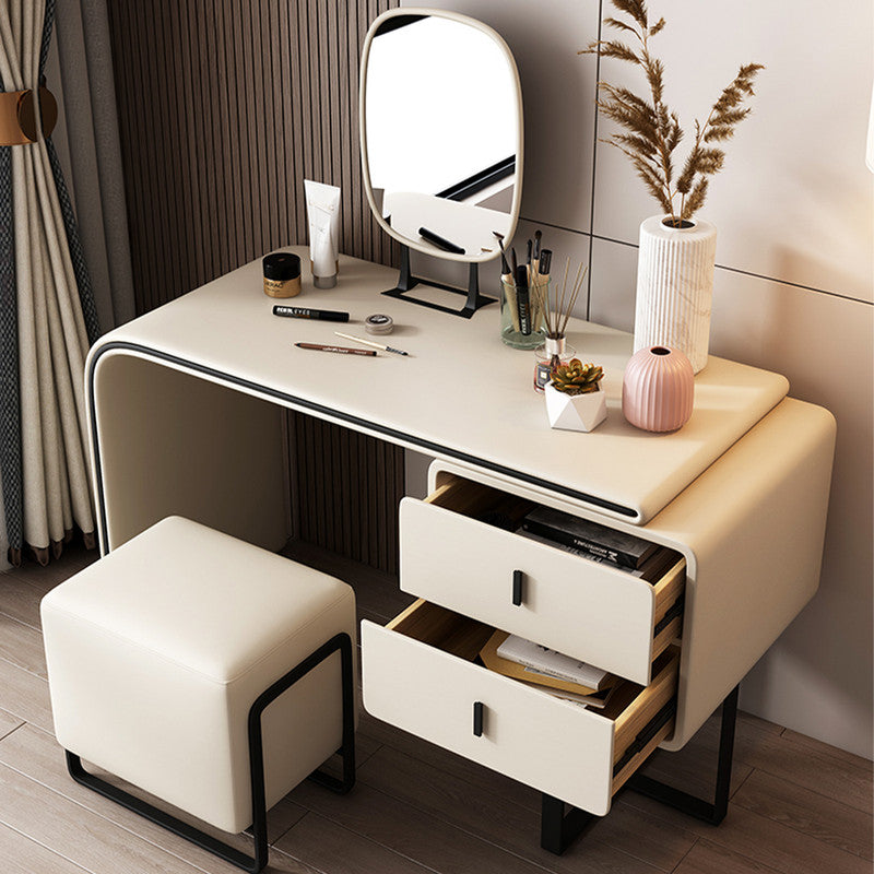 Modern Extendable Makeup Vanity Table with PU Leather 2 Solid Wood Drawers HD Mirror