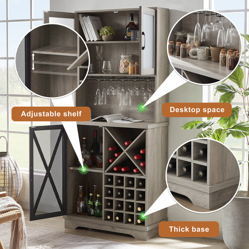 Farmhouse Wine Cabinet With Wine Rack And Glass Holde