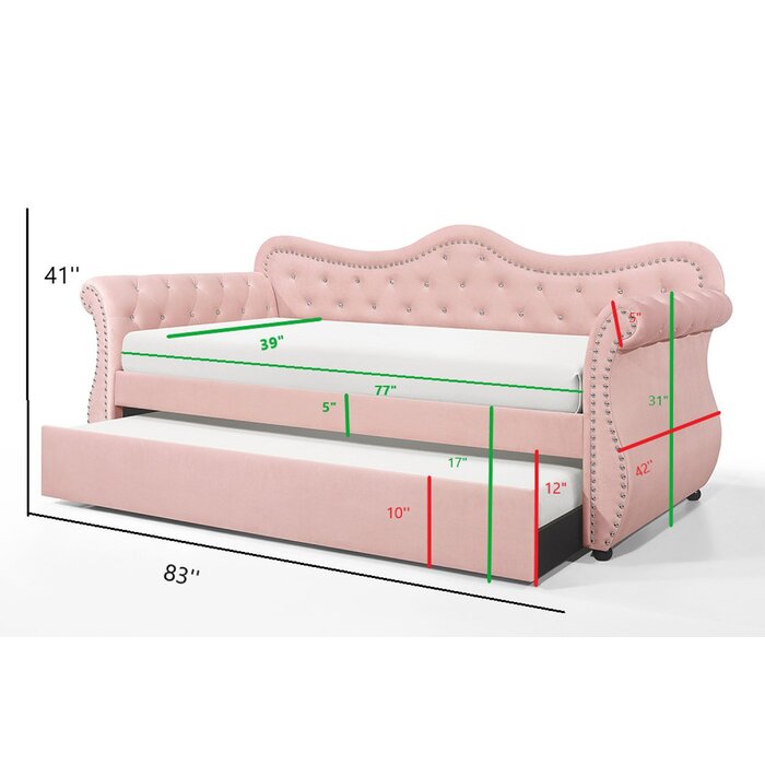 Modern Sofa Bed Upholstered Velvet Wood Daybed with Trundle in Pink