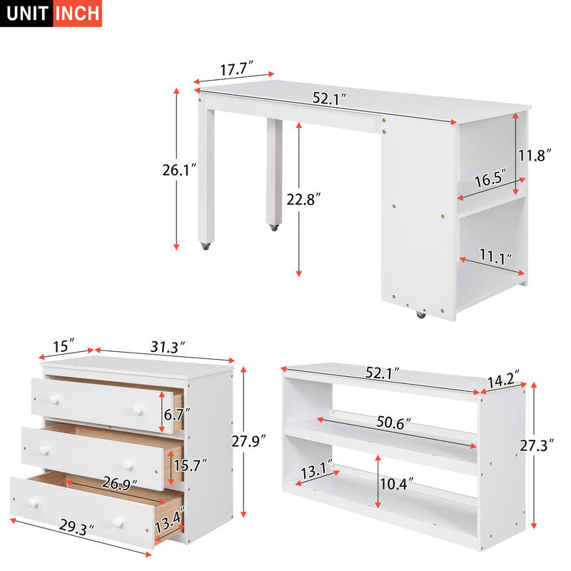 Low Study Full Loft Bed with Cabinet Shelves and Rolling Portable Desk White