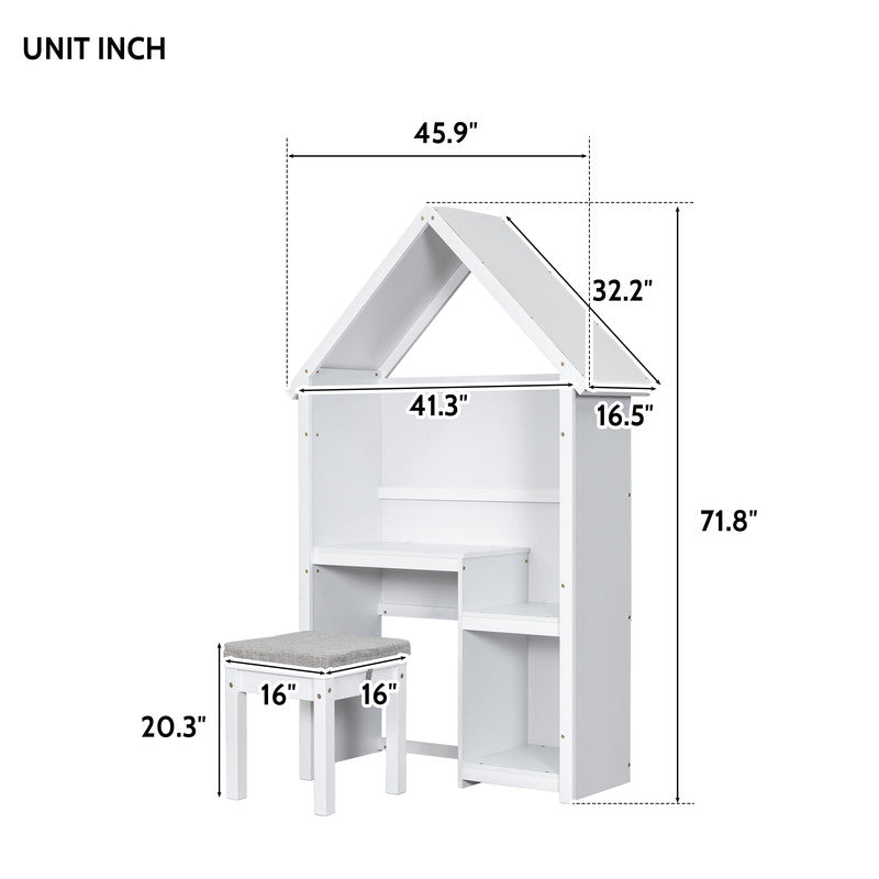 House Shaped Desk With A Cushion Stool White