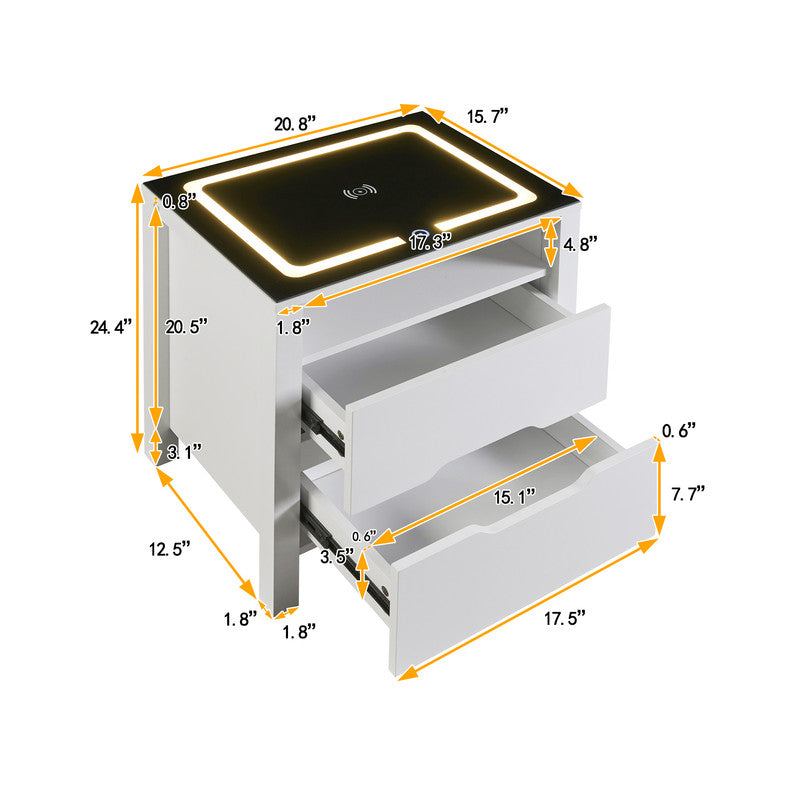 Multifunctional Storage Nightstand with 2 Drawers and an Open Shelf Wireless Charging with Adjustable LED White