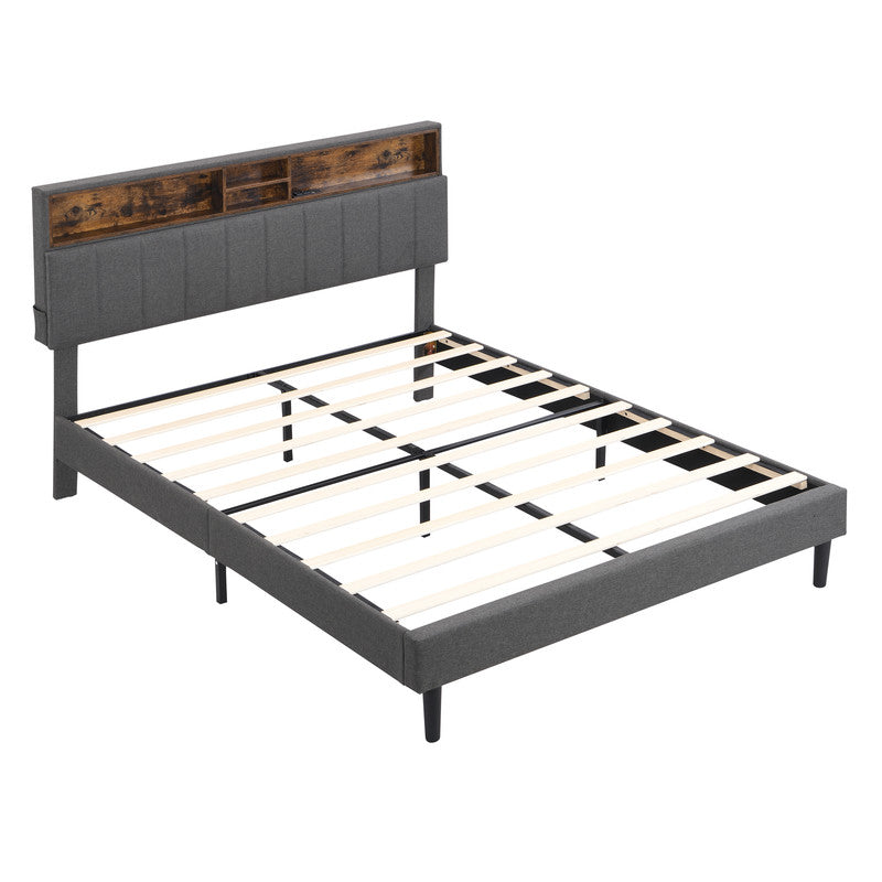 Queen Size Upholstered Platform Bed with Storage Headboard and USB Port Gray