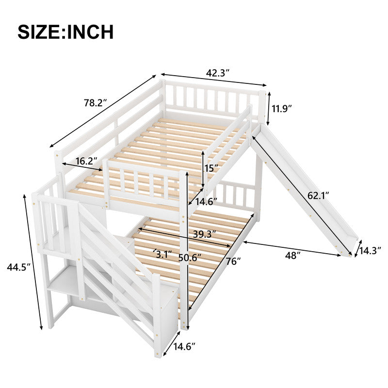 Twin over Twin Bunk Bed with Convertible Slide and Stairway White