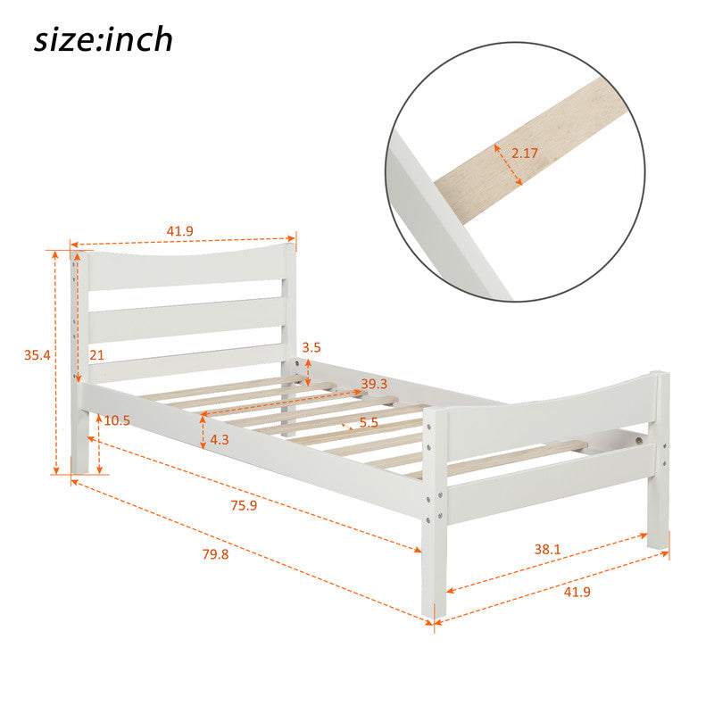 Twin Size Wood Platform Bed with Headboard and Wooden Slat Support White