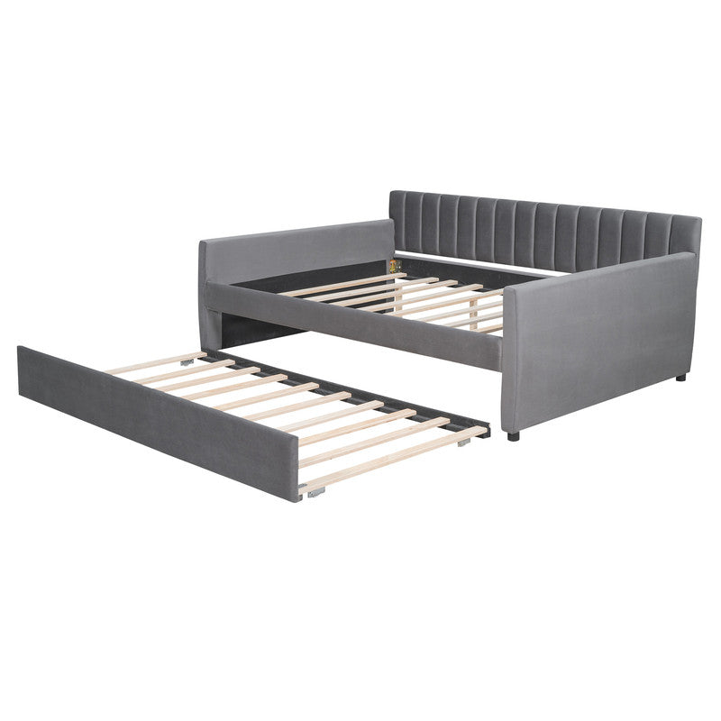 Full Size Upholstered daybed with Trundle and Wood Slat Support Gray