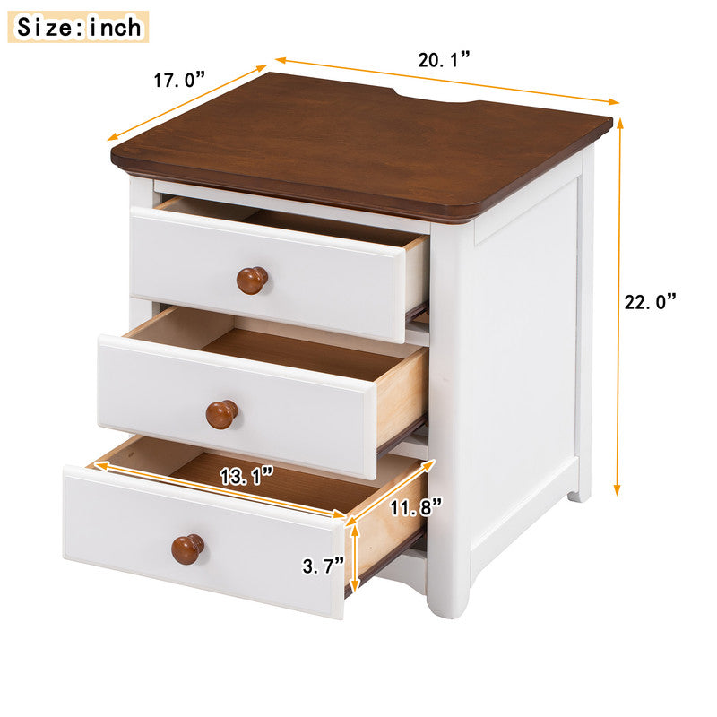 Wooden Nightstand with USB Charging Ports and Three Drawers White Walnut