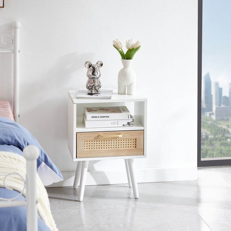 Rattan End Table With Drawer And Solid Wood Legs Modern Nightstand White