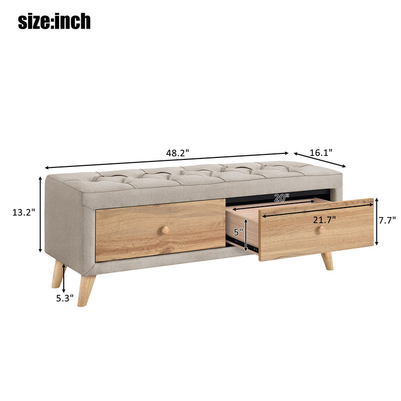 Wooden Upholstered Storage Ottoman Bench with 2 Drawers For Bedroom Beige