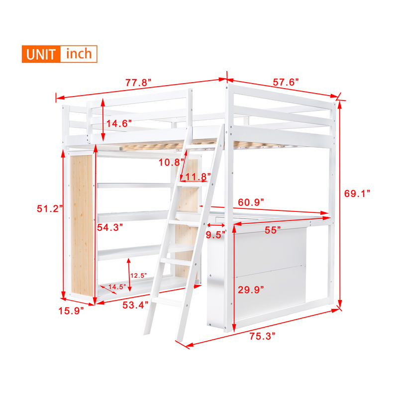 Full Size Loft Bed with Ladder Shelves and Desk White