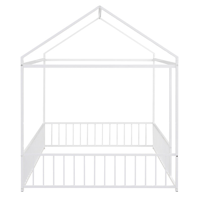 Full Size Metal Bed House Bed Frame with Fence for Kids White