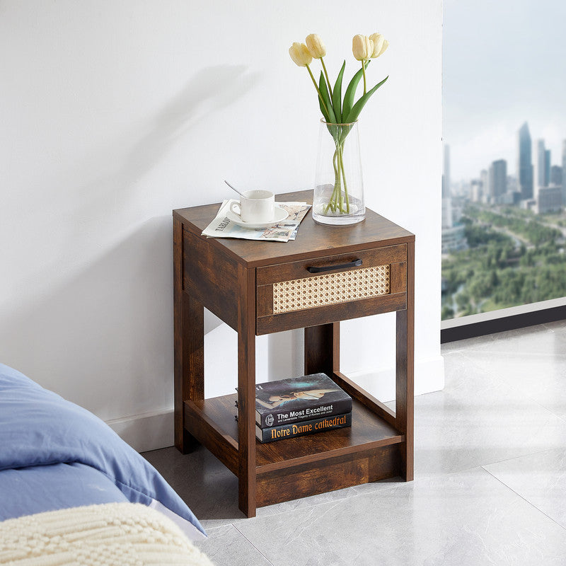 Rattan End Table With Drawer Modern Nightstand Side Table Rustic Brown