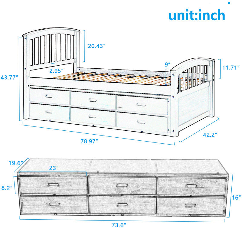 Twin Size Platform Storage Bed Solid Wood Bed with 6 Drawers