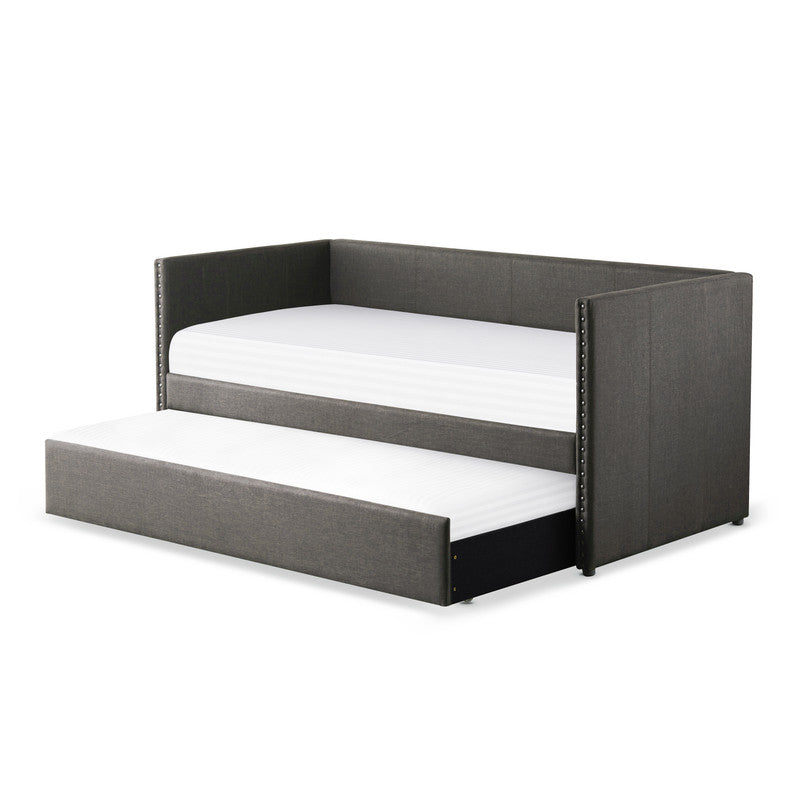 Gray Fabric Upholstered 1pc Day Bed with Pull-out Trundle Nailhead Trim Wood Frame Furniture