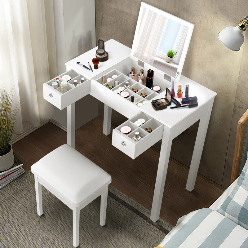 White Vanity Table Set with Flip Top Mirror and 2 Drawers Jewelry Storage for Women Dressing