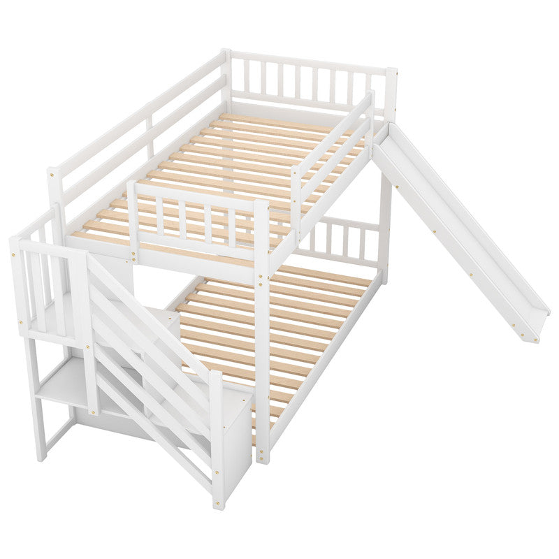 Twin over Twin Bunk Bed with Convertible Slide and Stairway White