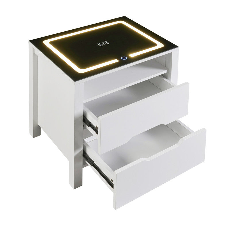 Multifunctional Storage Nightstand with 2 Drawers and an Open Shelf Wireless Charging with Adjustable LED White