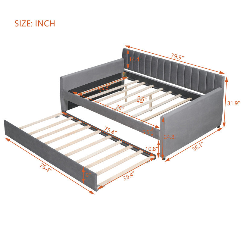 Full Size Upholstered daybed with Trundle and Wood Slat Support Gray