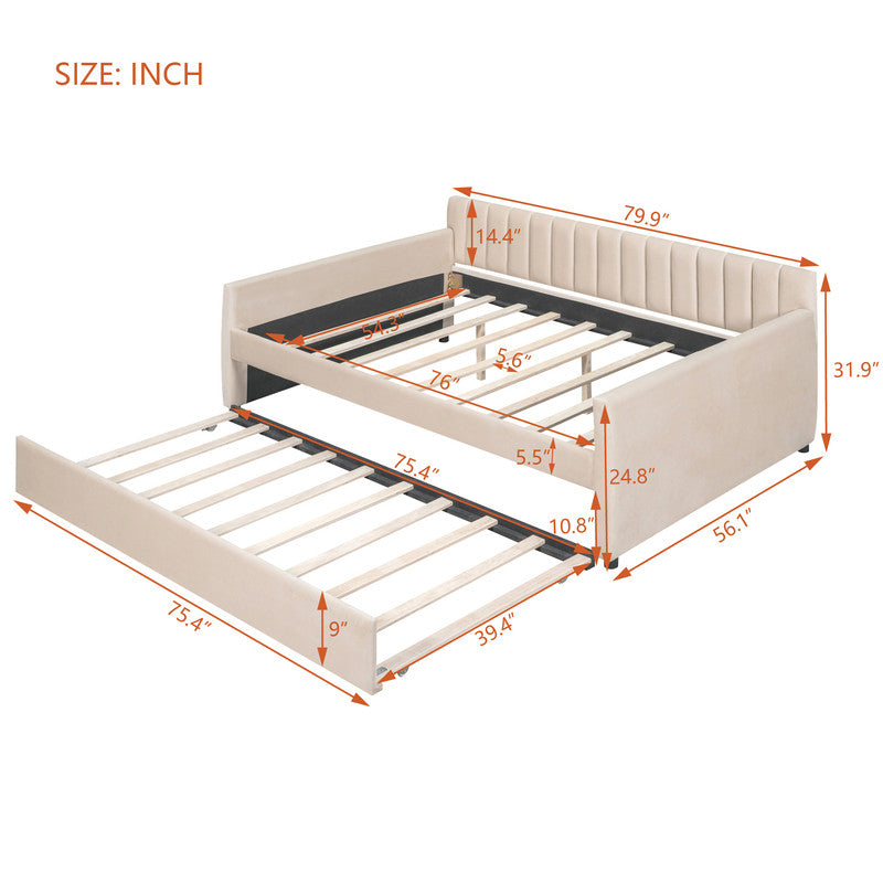 Full Size Upholstered daybed with Trundle and Wood Slat Support Beige