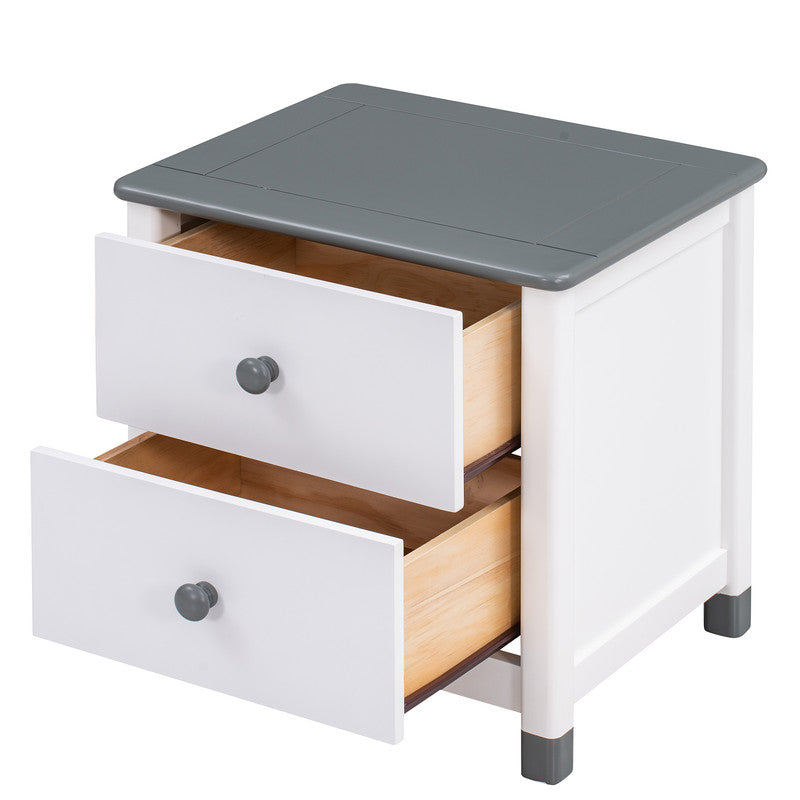 Wooden Nightstand with Two Drawers for Kids End Table for Bedroom White Gray