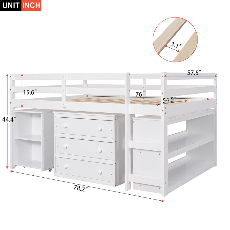 Low Study Full Loft Bed with Cabinet Shelves and Rolling Portable Desk White