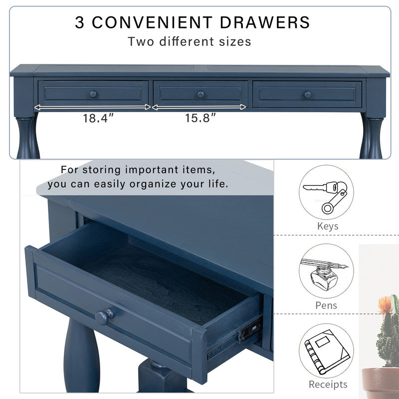 Console Table Long Extra-thick Sofa Table with Drawers and Shelf Blue