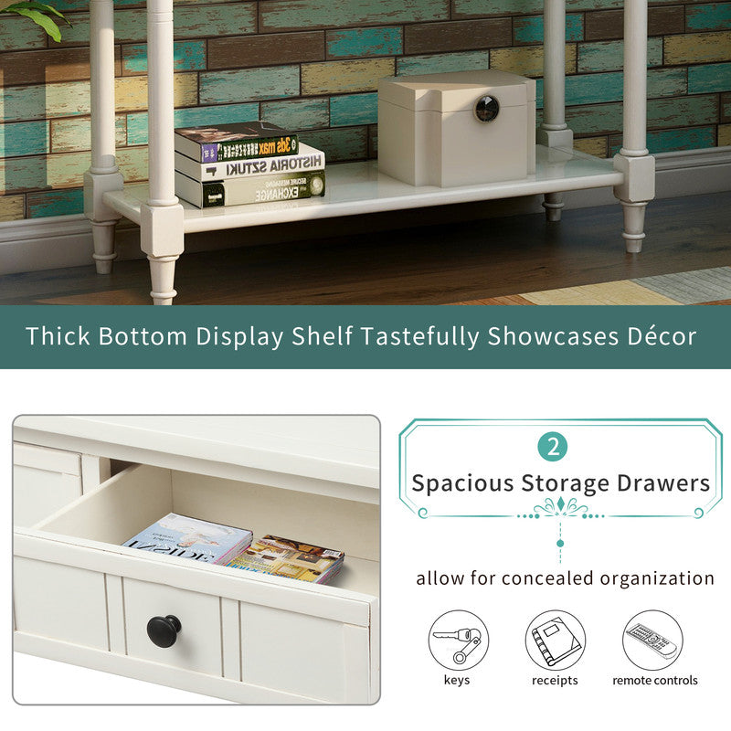 Console Table Traditional Design with Two Drawers and Bottom Shelf Ivory White