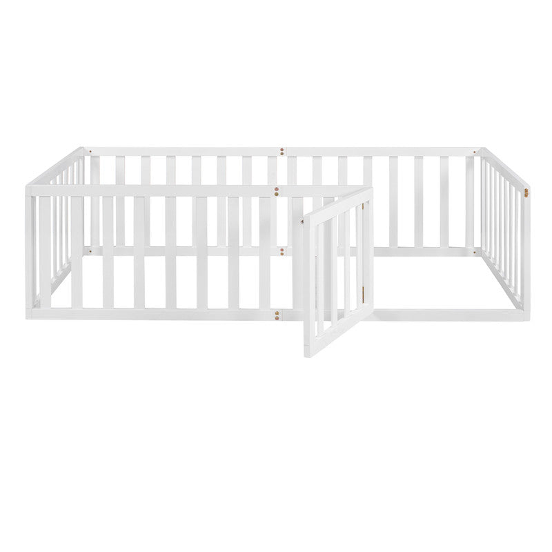 Twin Size Wood Floor Bed Frame with Fence and Door White