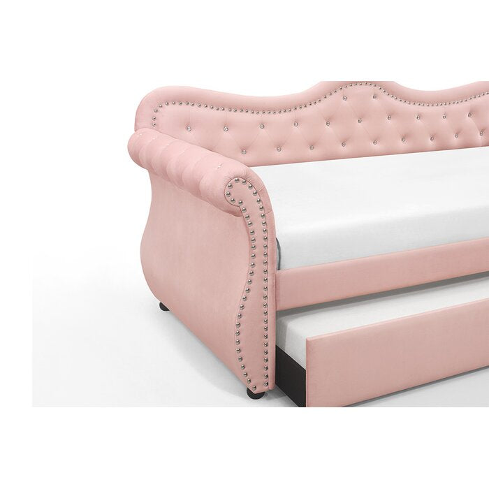 Modern Sofa Bed Upholstered Velvet Wood Daybed with Trundle in Pink