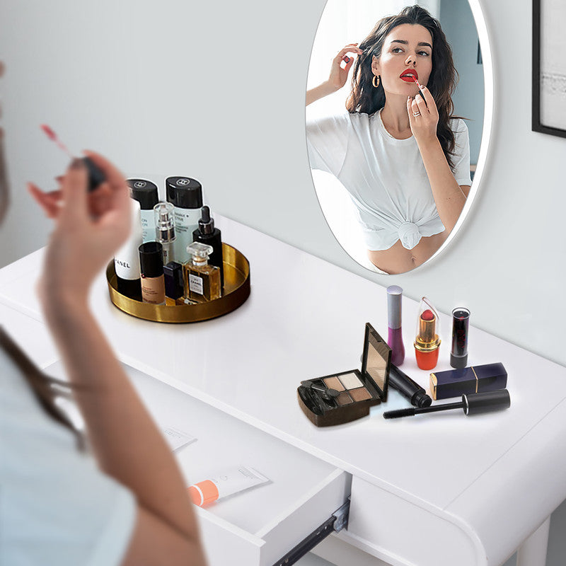 White Oval Makeup Table Set With Mirror And Solid Stool For Bedroom