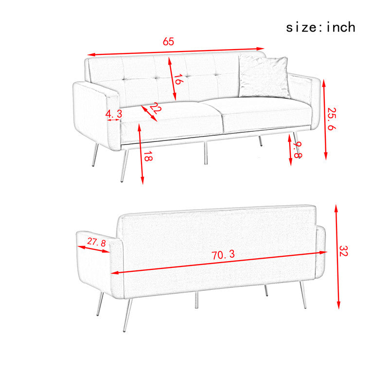 Modern Green Velvet Sand Living Room Sofa With Midfoot And Two Throw Pillows