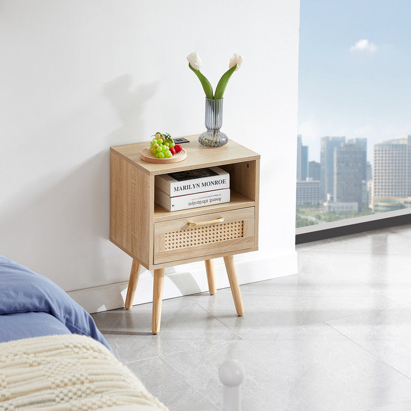 Rattan End Table With Power Outlet Usb Ports Modern Nightstand With Drawer Natural