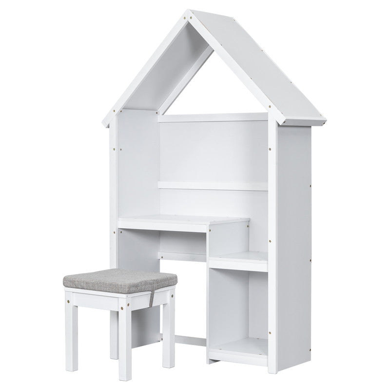 House Shaped Desk With A Cushion Stool White