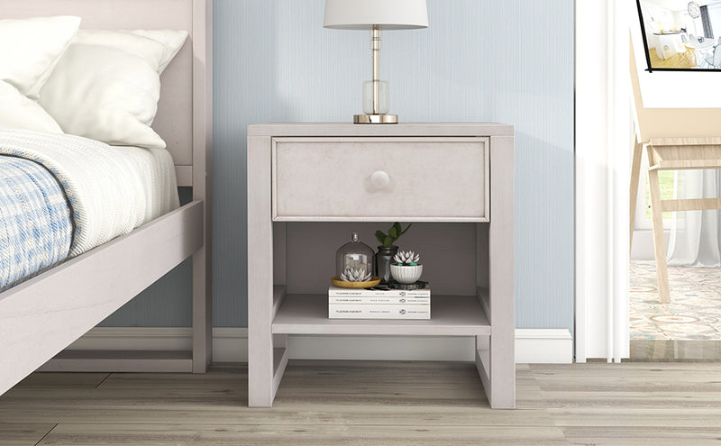 Wooden Nightstand with a Drawer and an Open Storage Anitque White