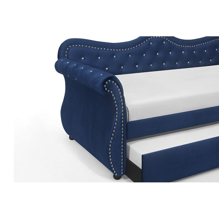 Modern Sofa Bed Upholstered Velvet Wood Daybed with Trundle in Blue