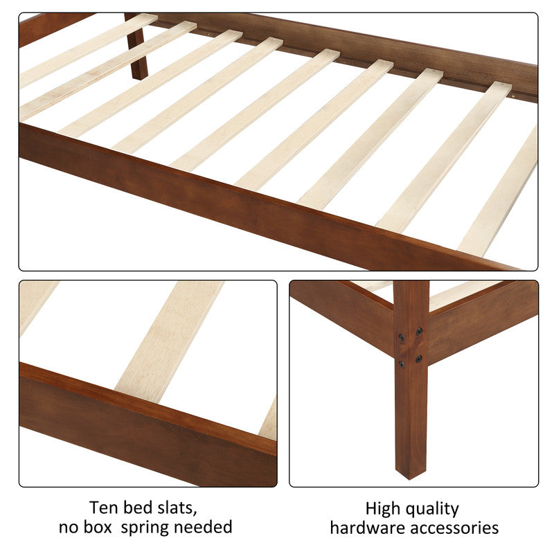 Twin Size Wood Platform Bed with Headboard and Wooden Slat Support Walnut