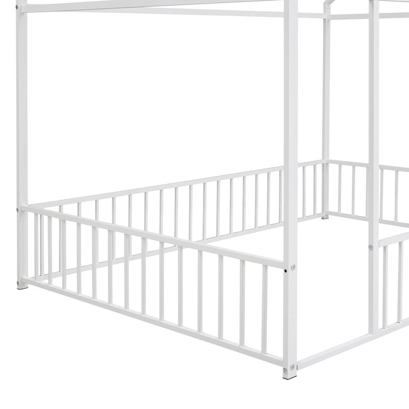 Full Size Metal Bed House Bed Frame with Fence for Kids White